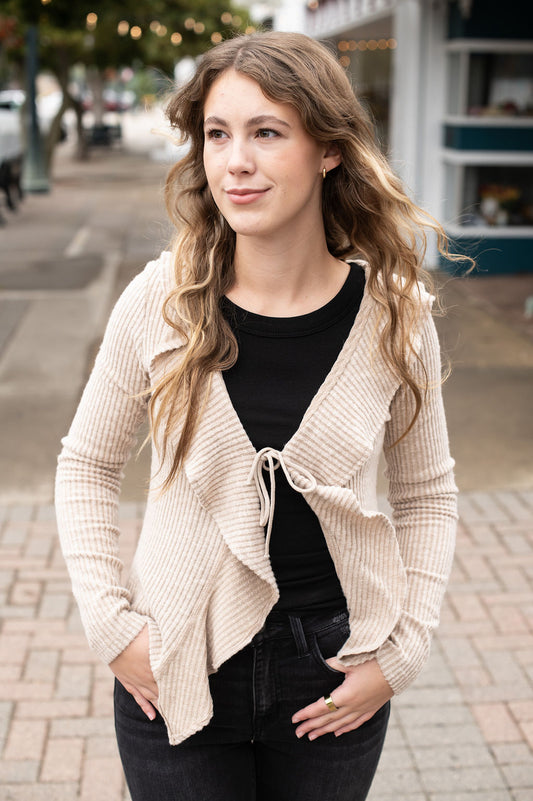 Taupe LS Ruffle Blouse