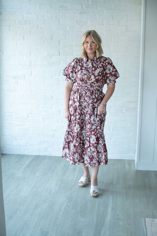 Floral Wine Zip SS Midi Dress