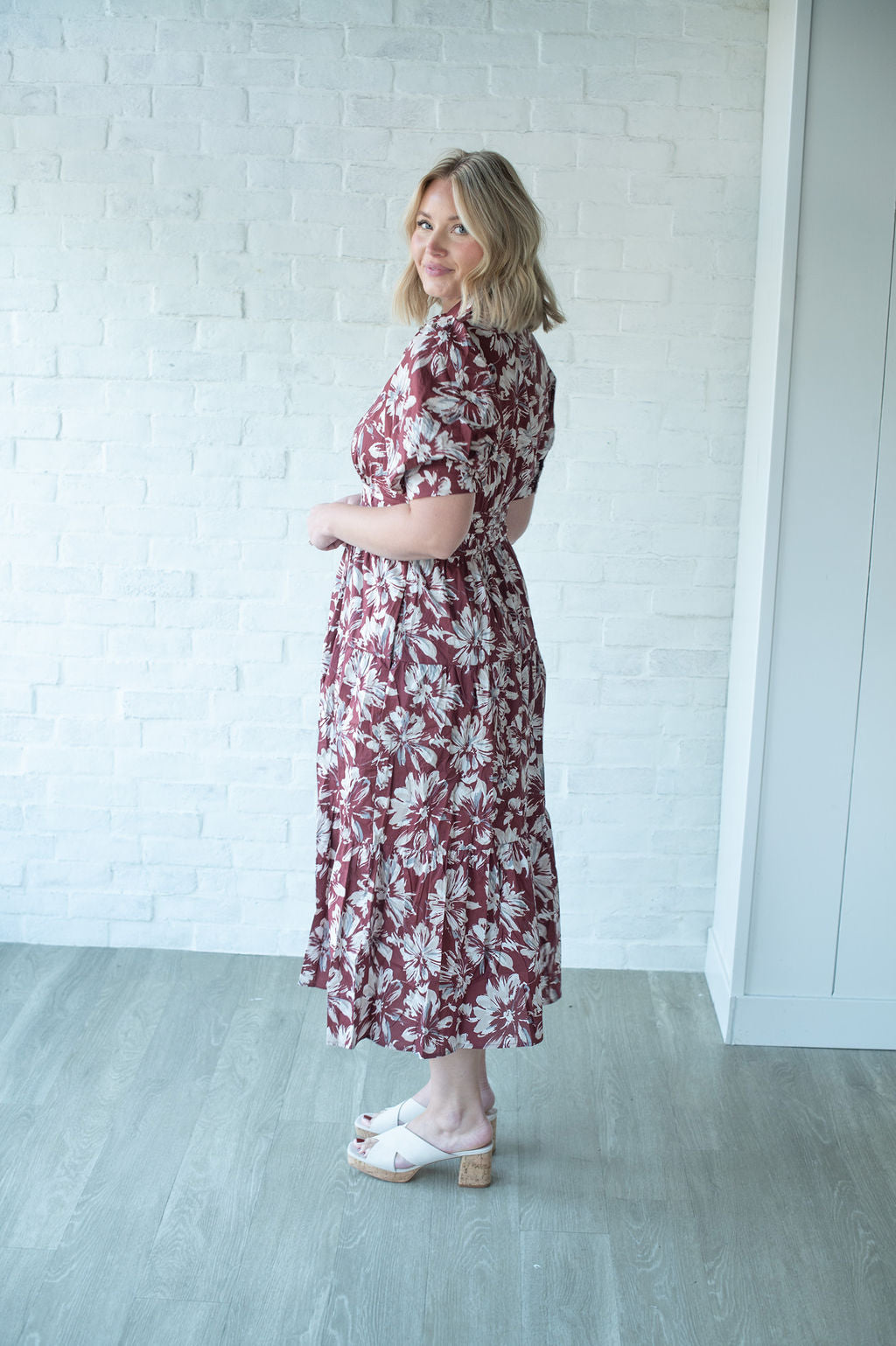 Floral Wine Zip SS Midi Dress