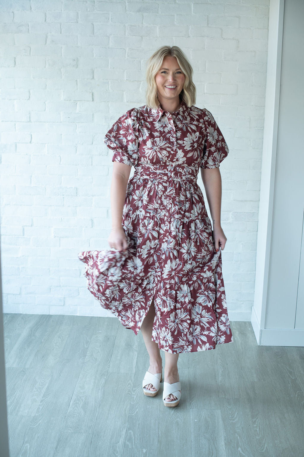 Floral Wine Zip SS Midi Dress