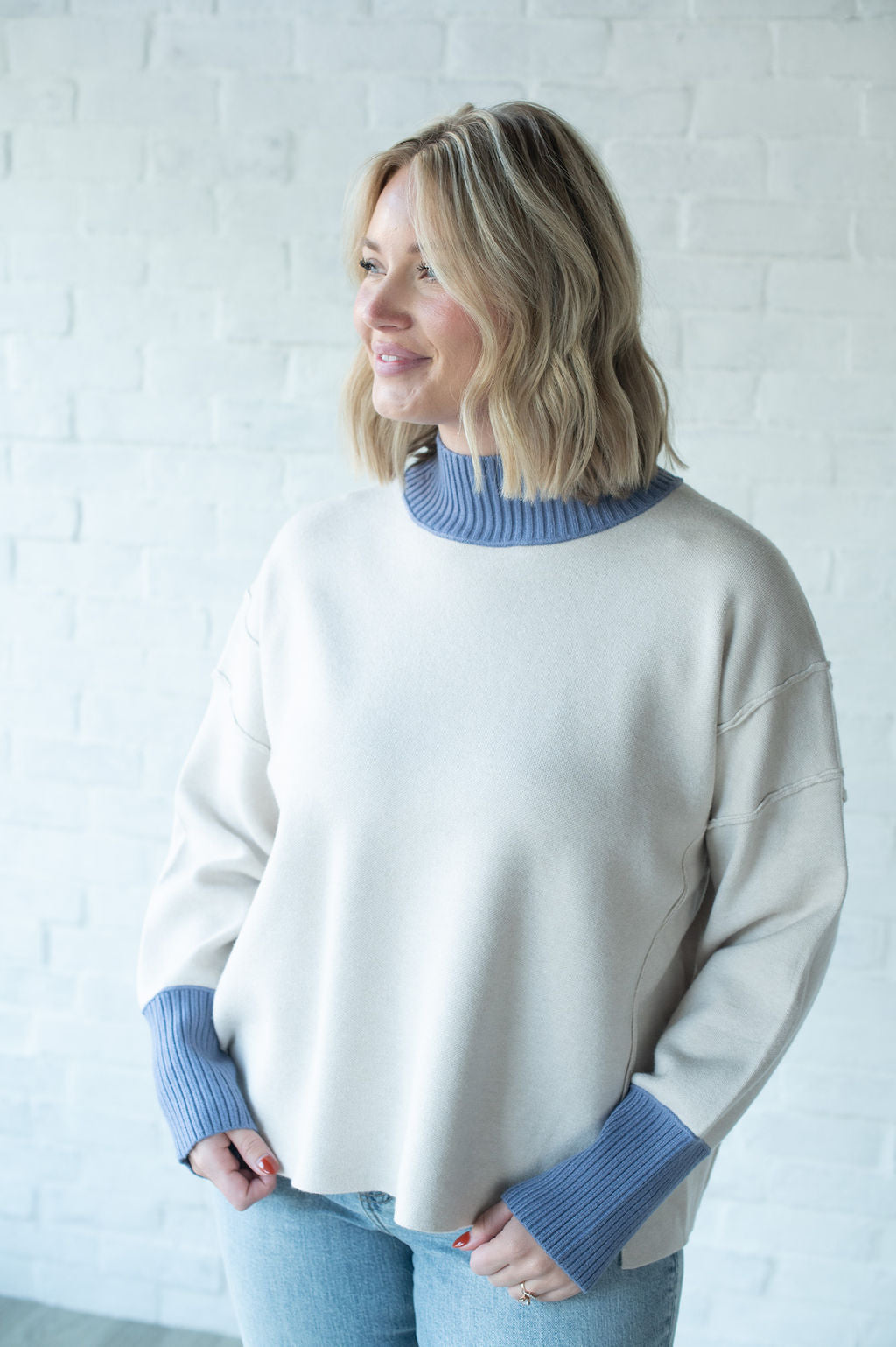 Ecru + Blue Slit Sweater