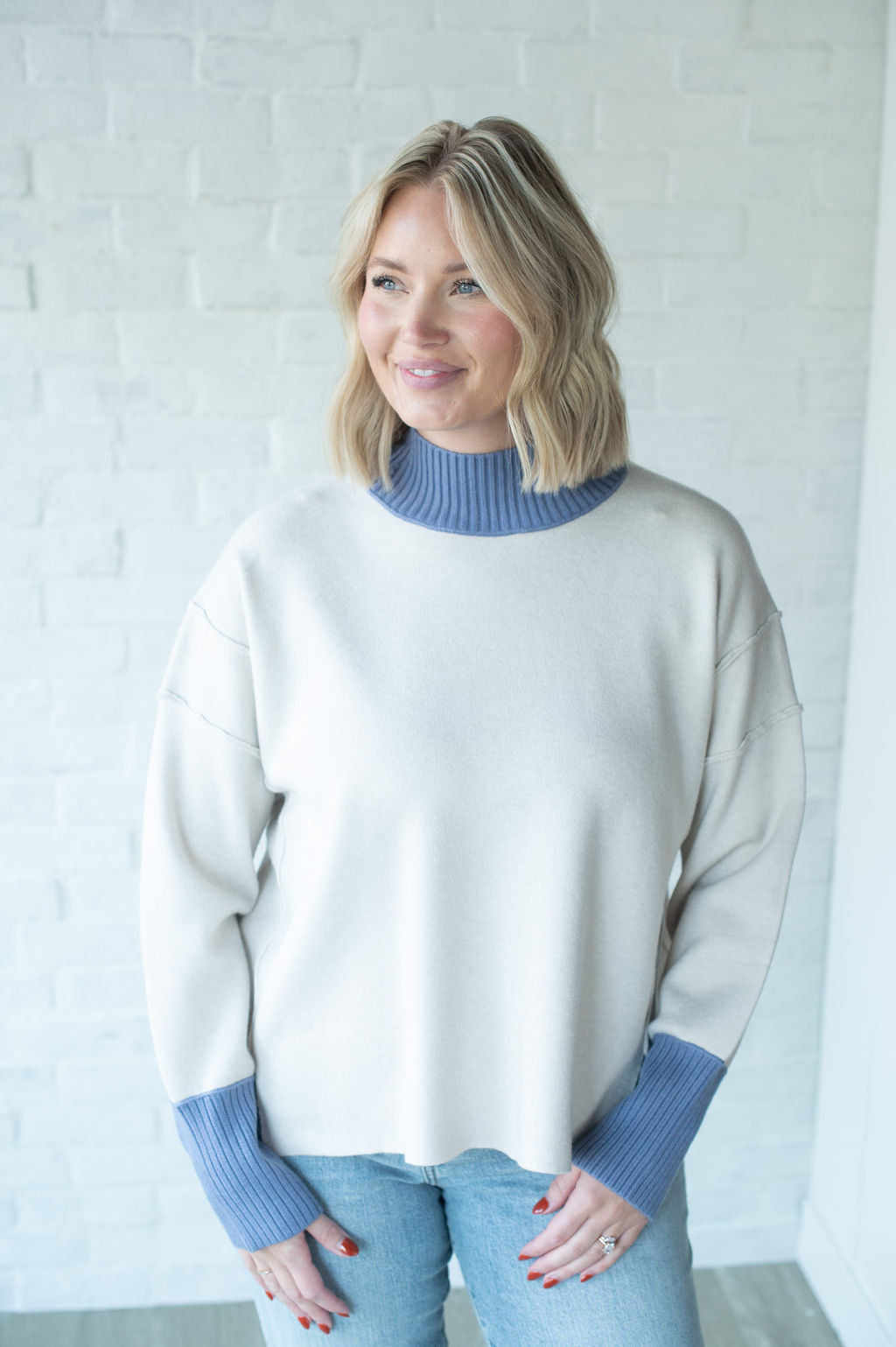 Ecru + Blue Slit Sweater
