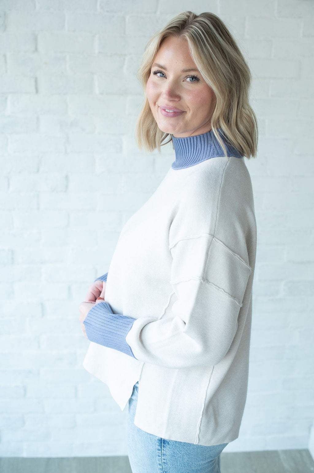 Ecru + Blue Slit Sweater