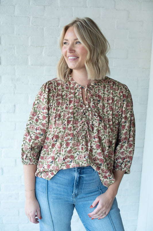 Corduroy Floral Bow Blouse