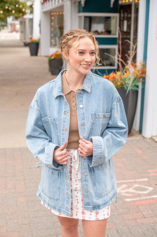 Boho Light Wash Tie Denim Jacket