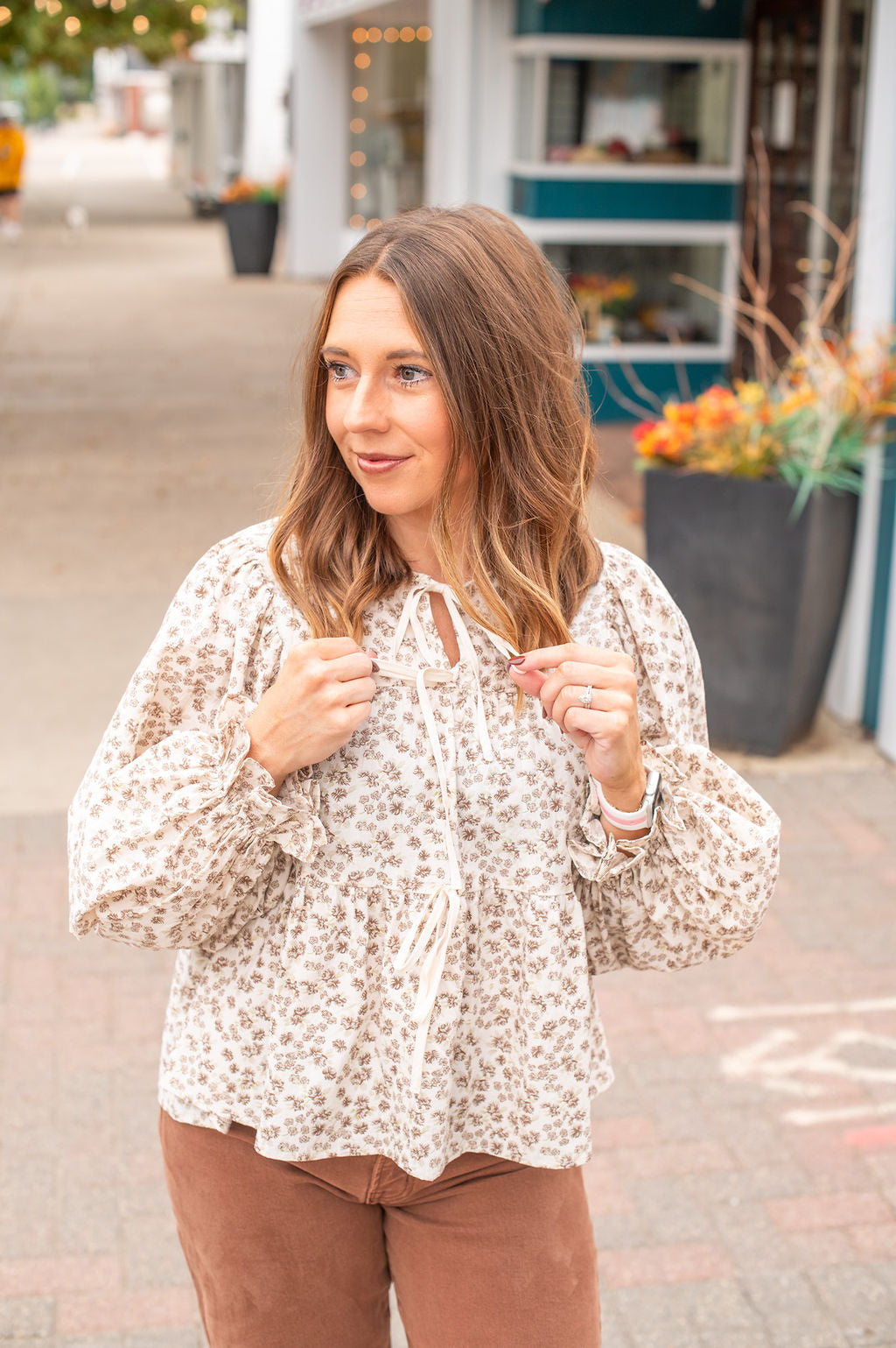 Cream + Brown Floral Peplum Tie Blouse