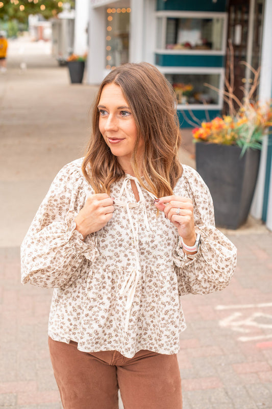 Cream + Brown Floral Peplum Tie Blouse