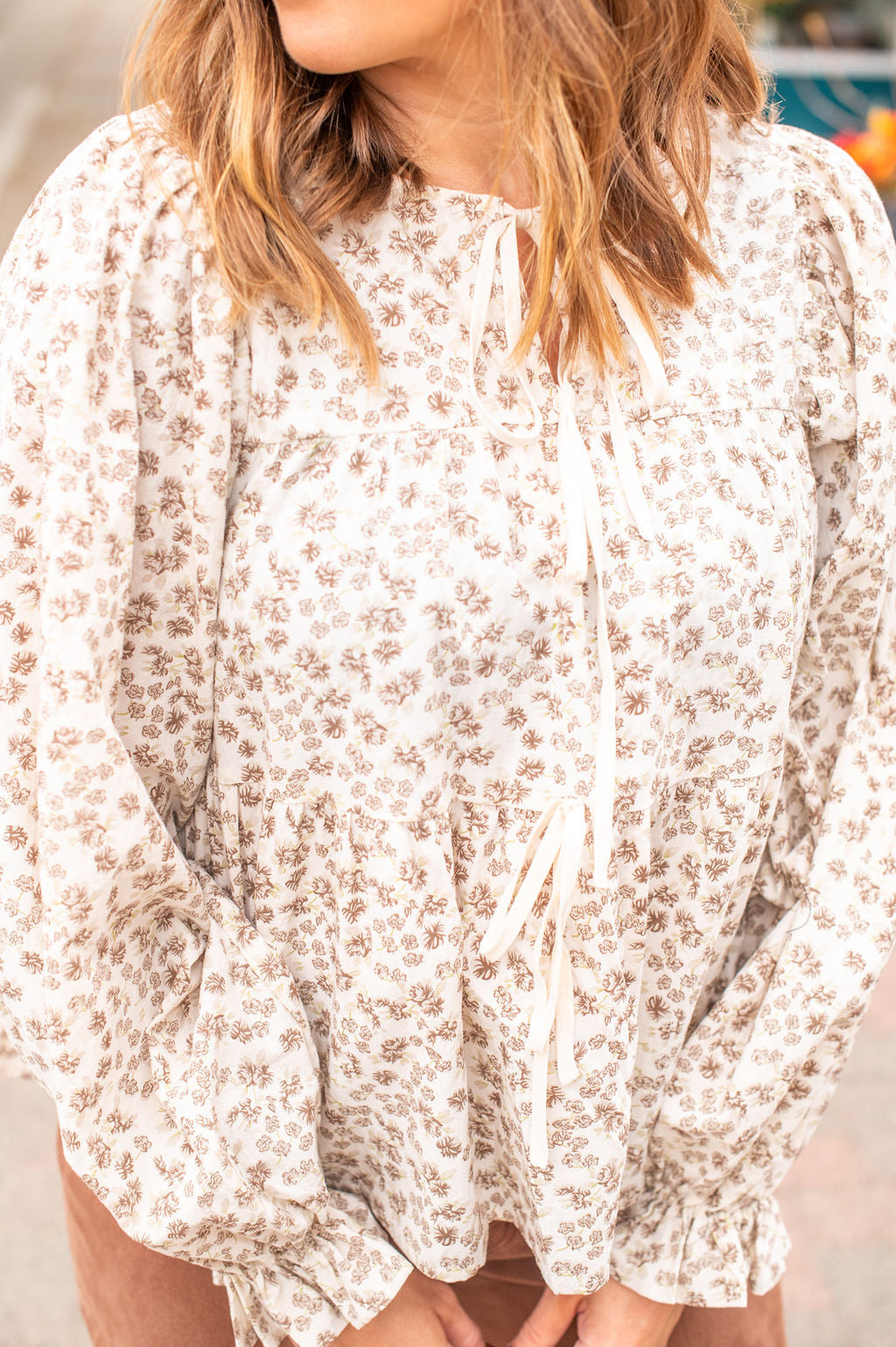 Cream + Brown Floral Peplum Tie Blouse