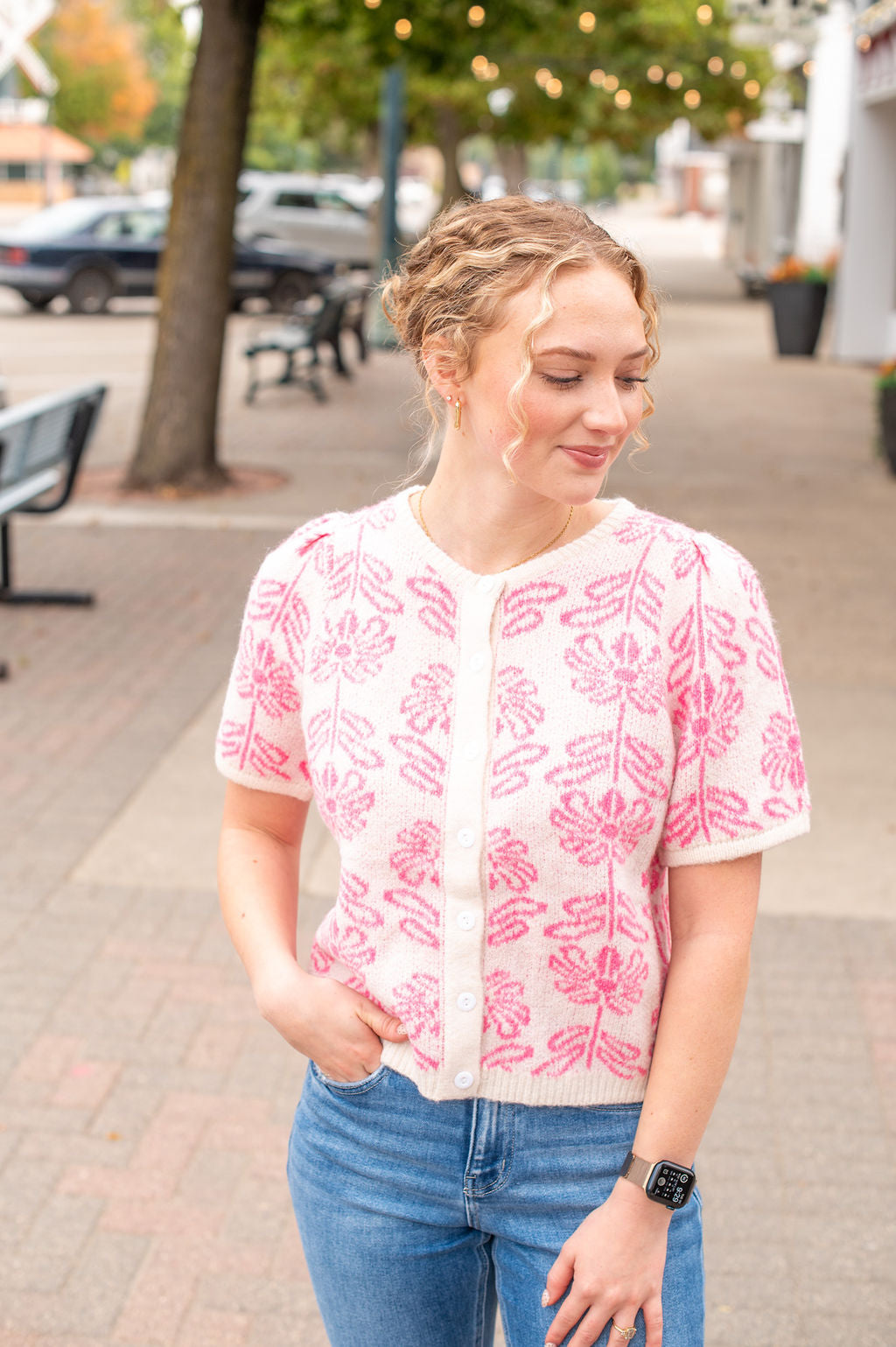 Pink Floral SS Button Cardigan