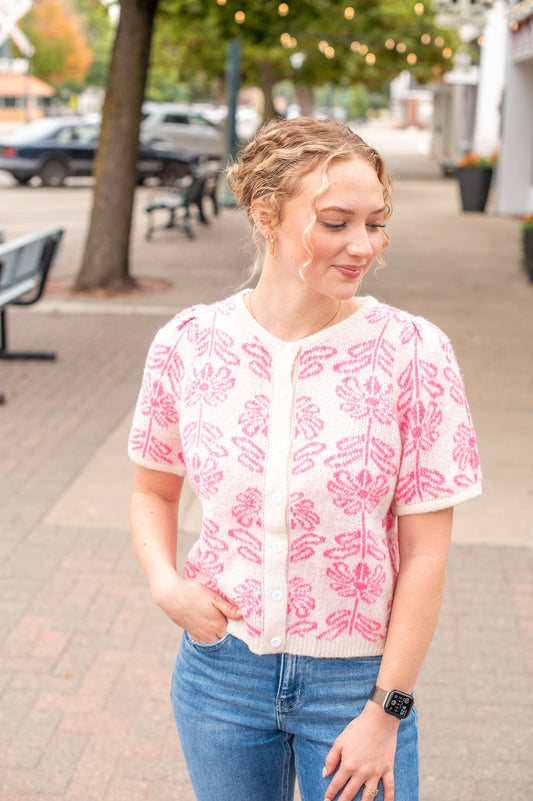 Pink Floral SS Button Cardigan
