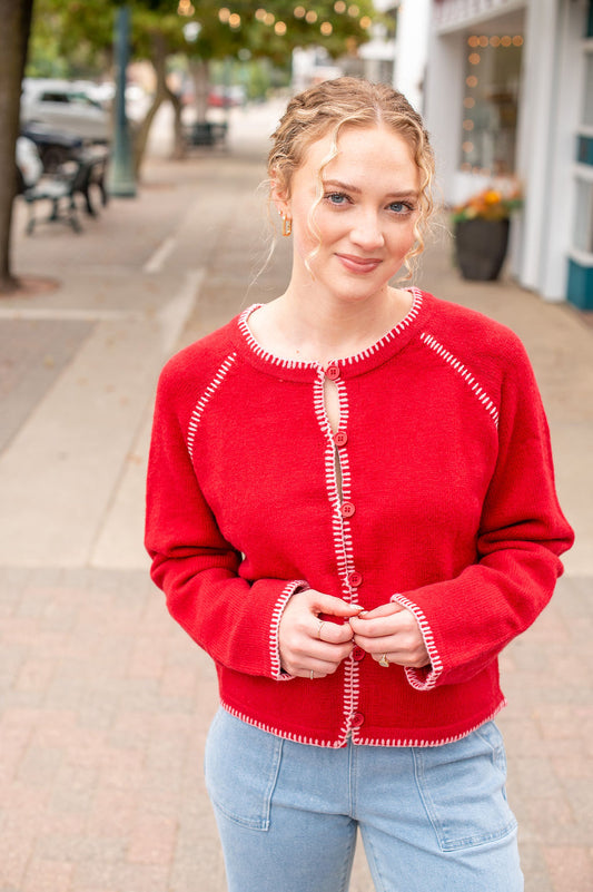 Red LS Button Sweater Cardgian