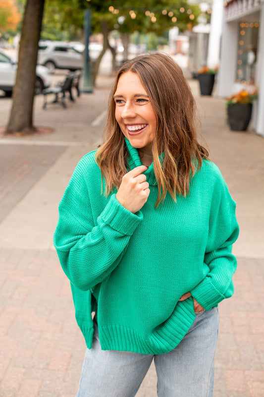 Green Mock Neck Slit Sweater