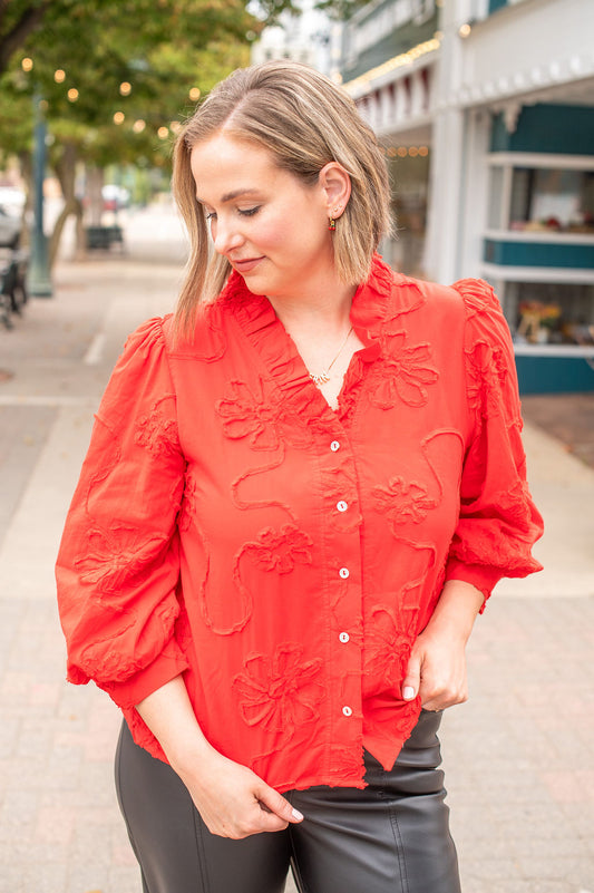 Red Button Down Floral Blouse