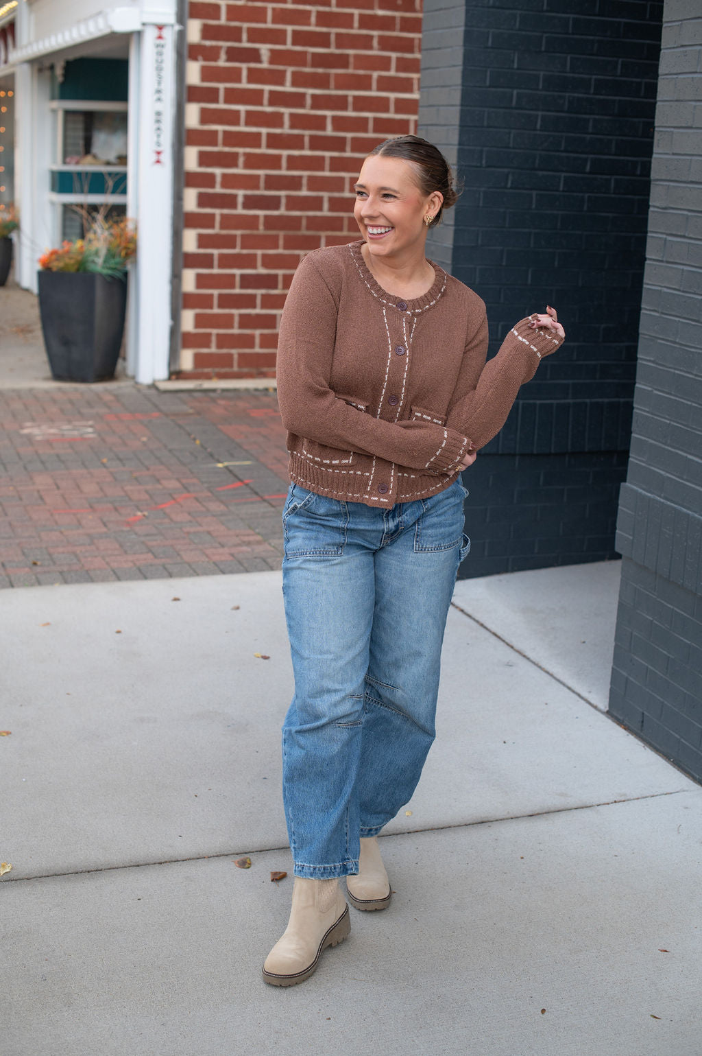 Brown Stitch Detail Sweater Cardi