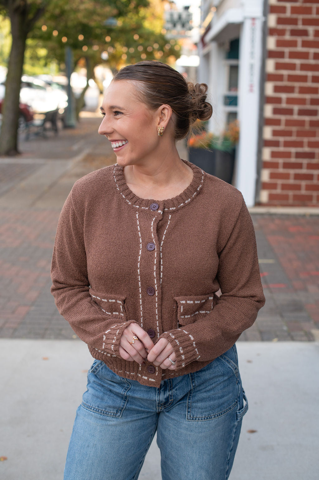 Brown Stitch Detail Sweater Cardi