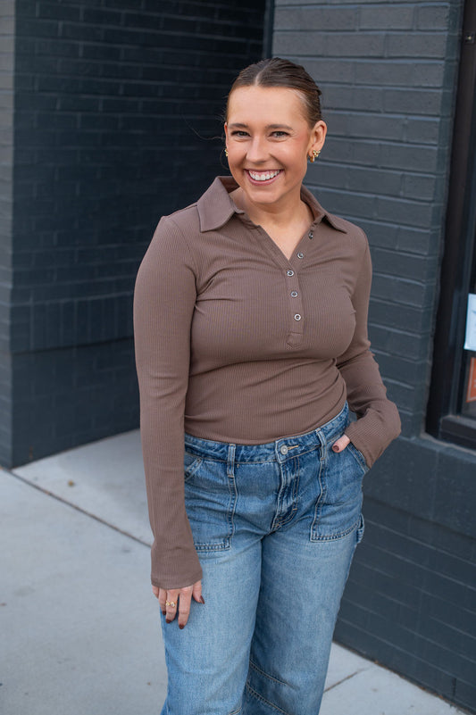 Mocha Collared V Neck LS Top