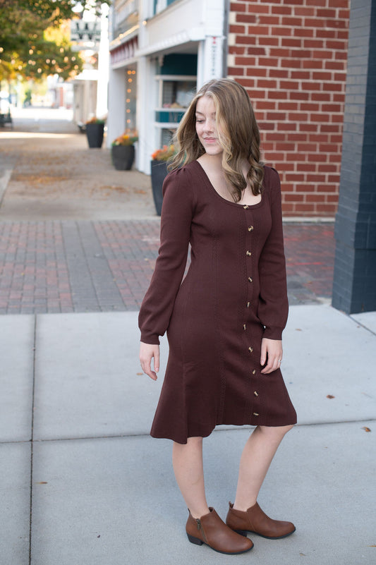 Jodi Walnut Fitted Button Dress