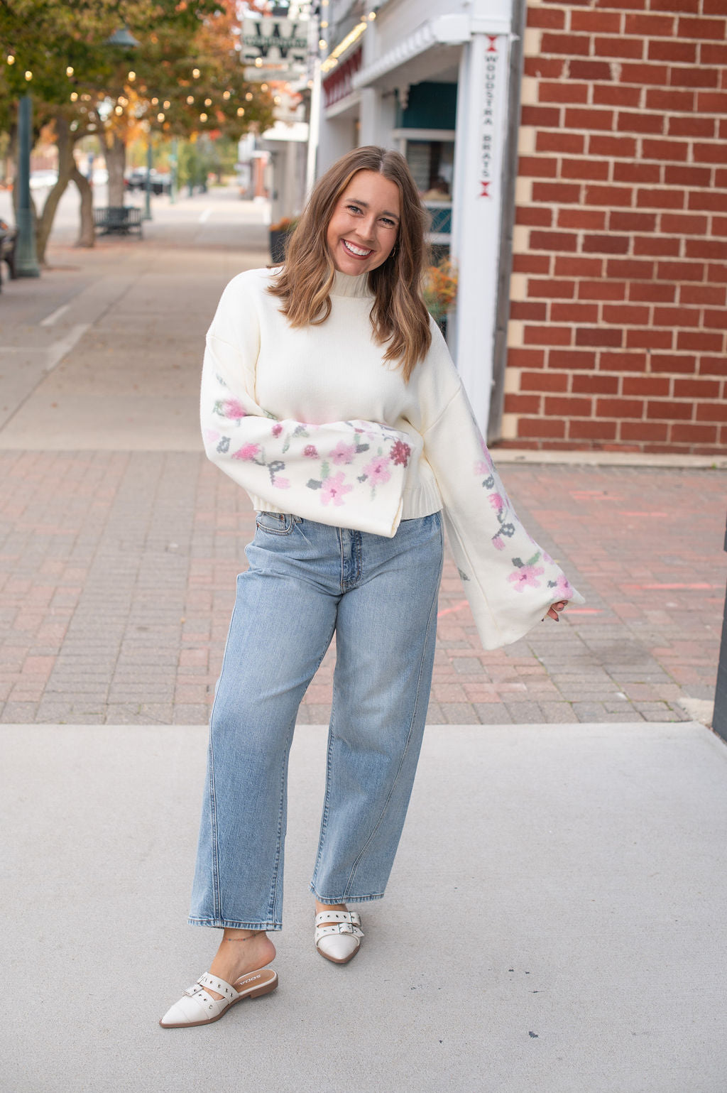 Cream Mock Floral Sleeve Sweater