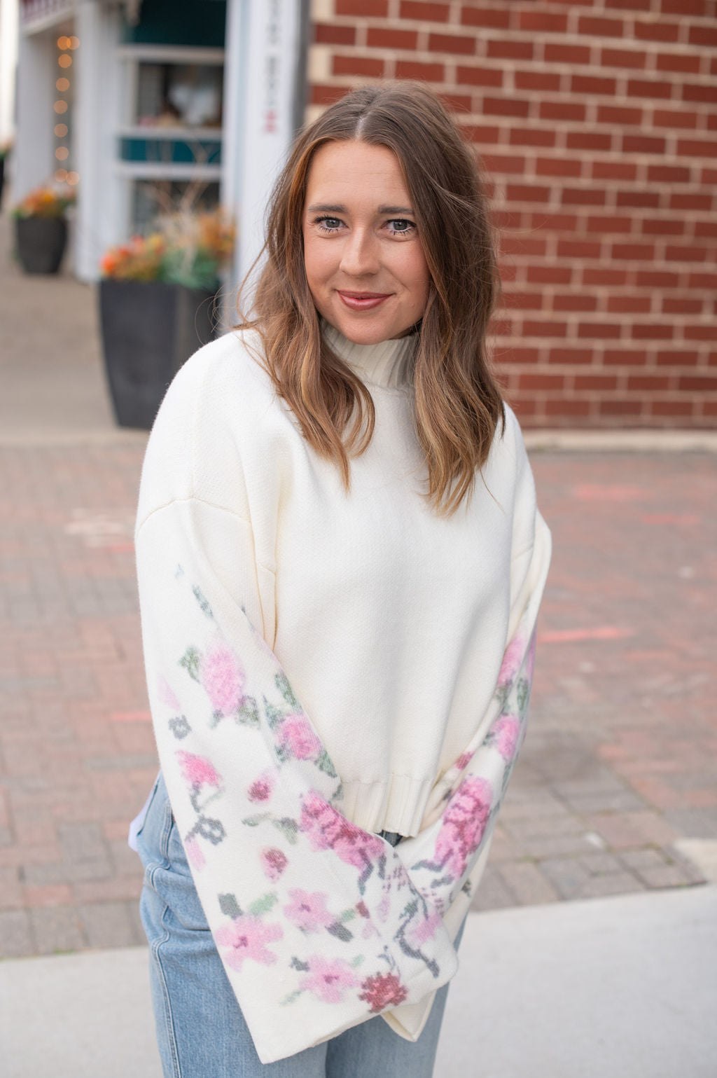 Cream Mock Floral Sleeve Sweater