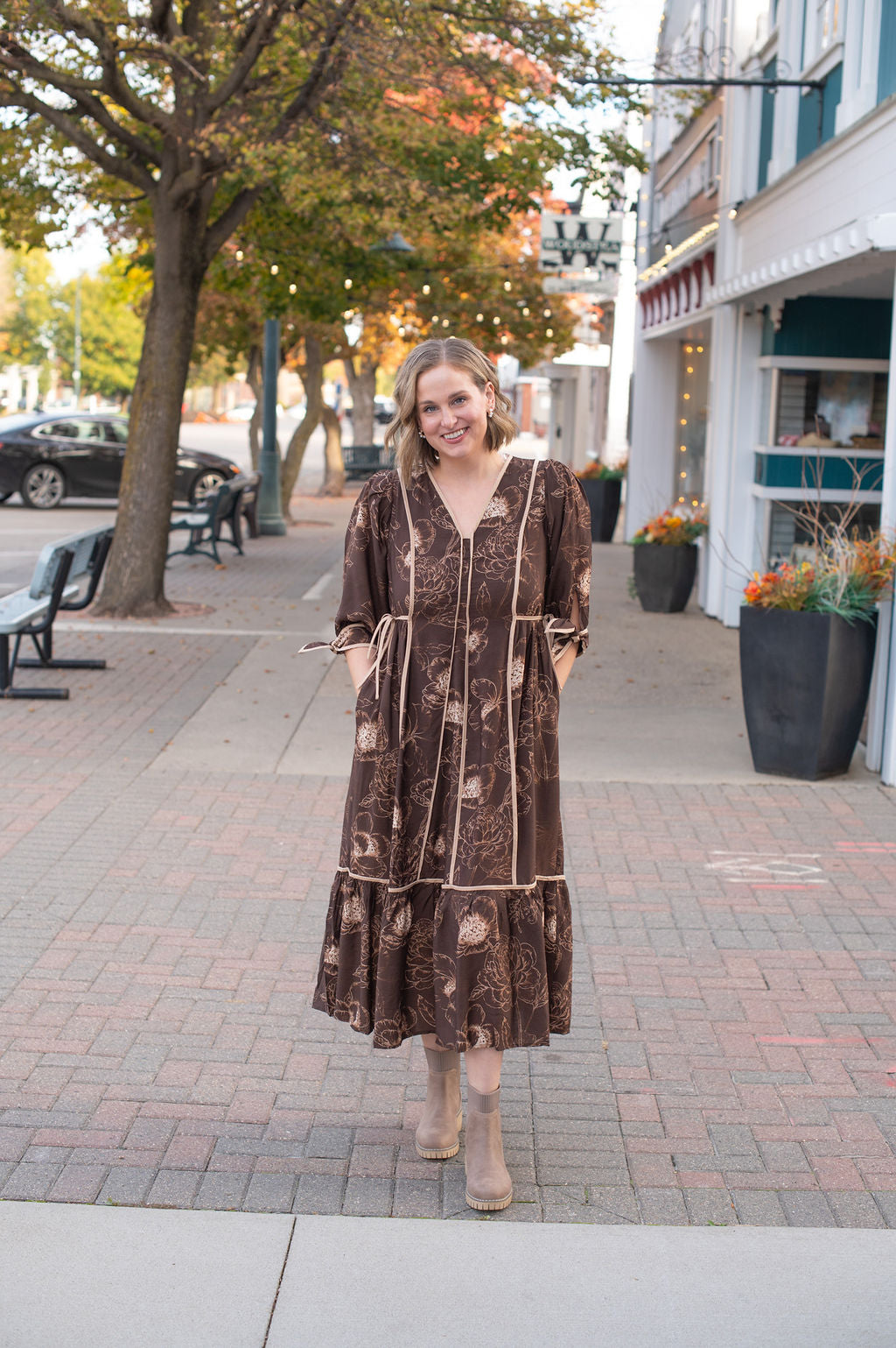 Chocolate Floral Elbow Sleeve Midi Dress