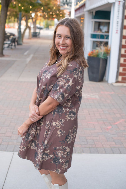 Brown Floral SS Dress
