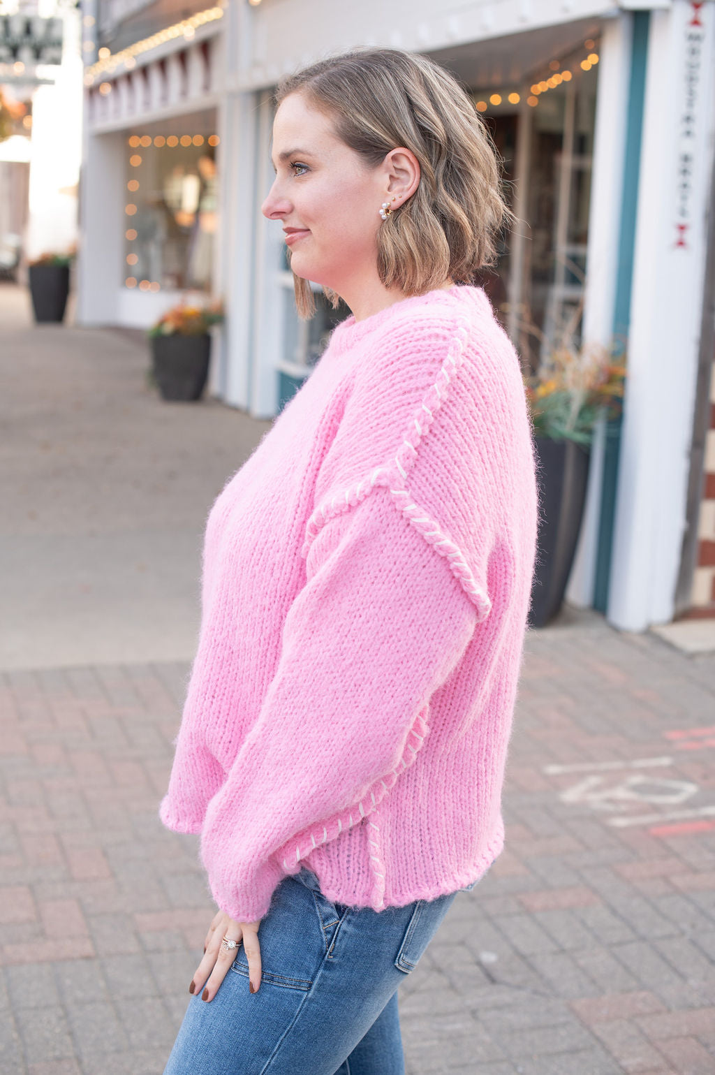 Bubble Gum Pink Stitched Sweater