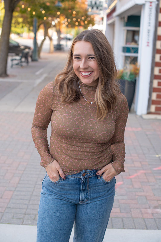 Brown Sheer Floral Layering Top
