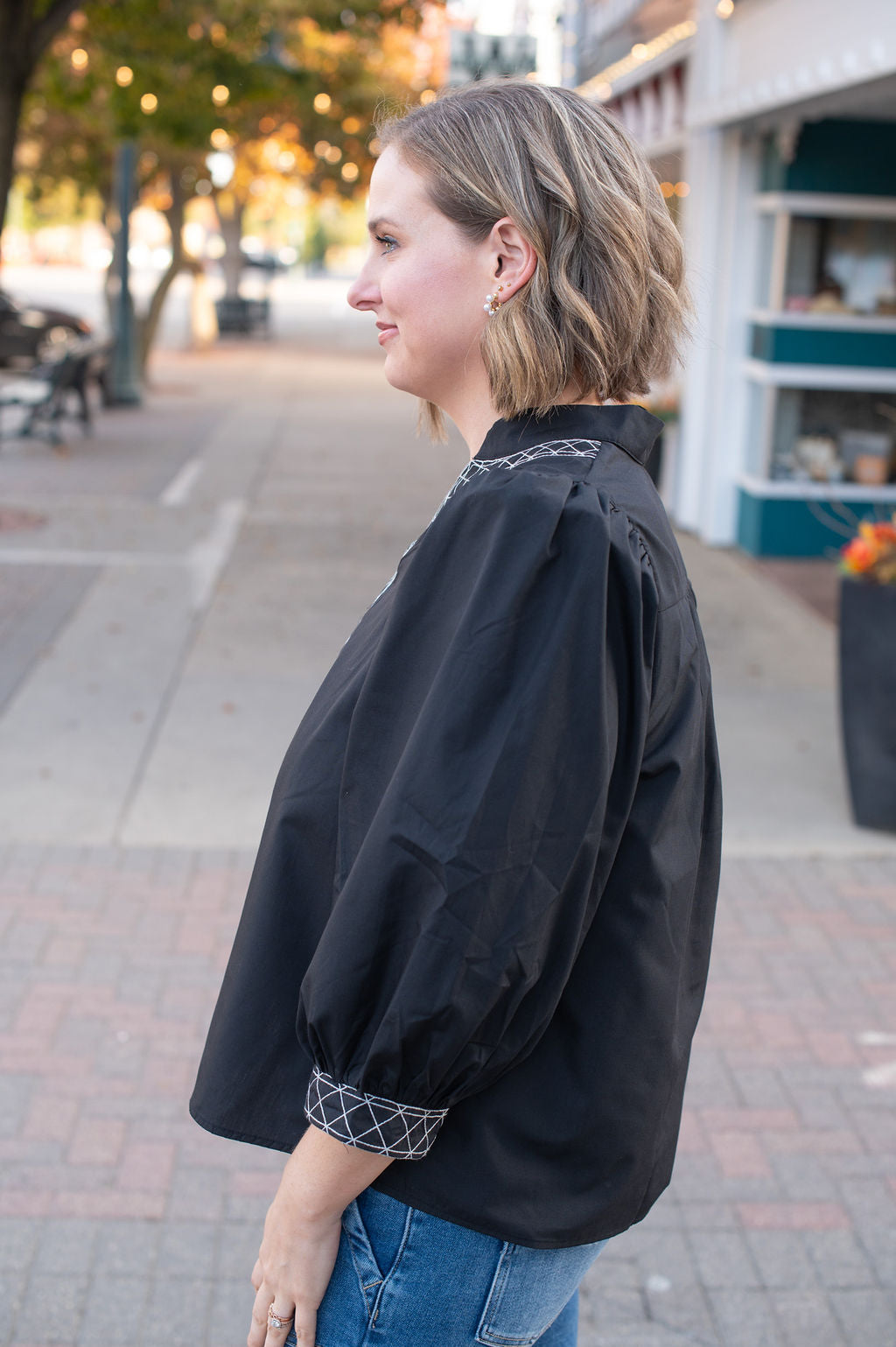 Black 3/4 Sleeve V Neck Blouse