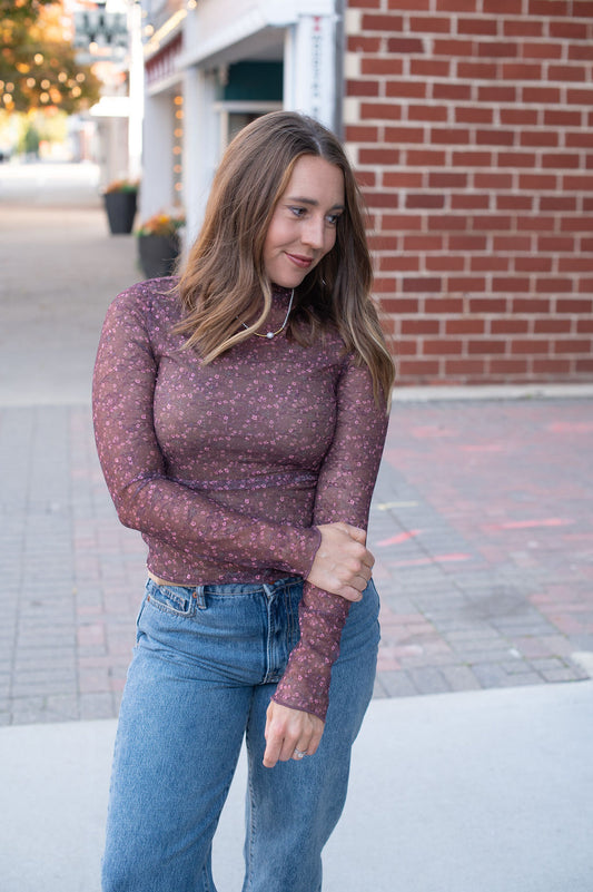 Burgundy Sheer Floral Layering Top