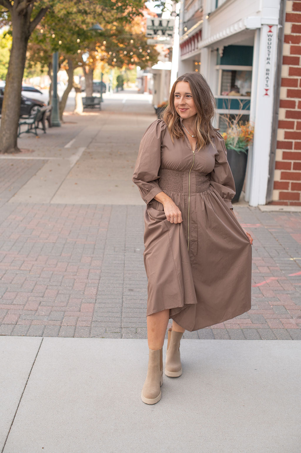 Mocha Elbow Sleeve Zip Dress