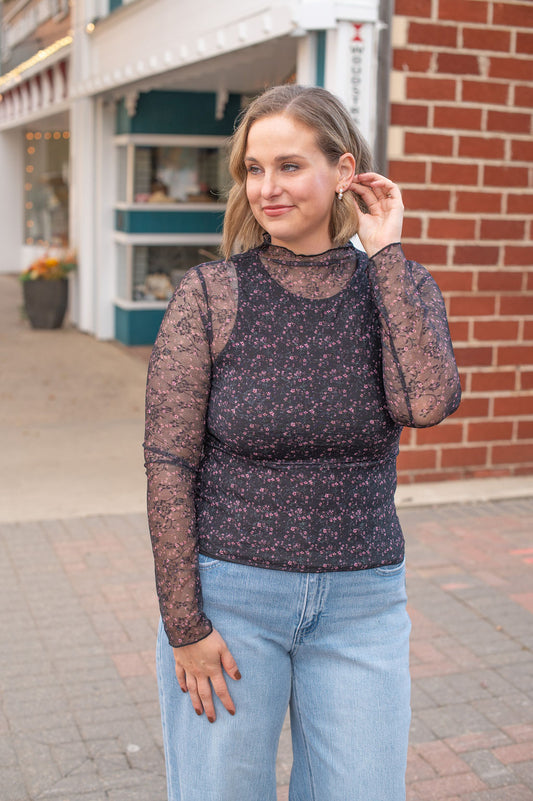 Black Sheer Floral Layering Top