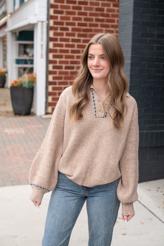 Mocha + Navy Stitched Sweater