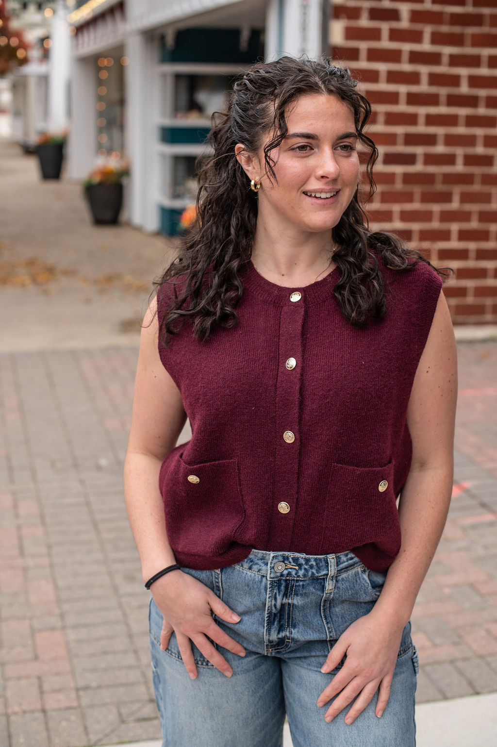 Wine Pocketed Sleeveless Sweater