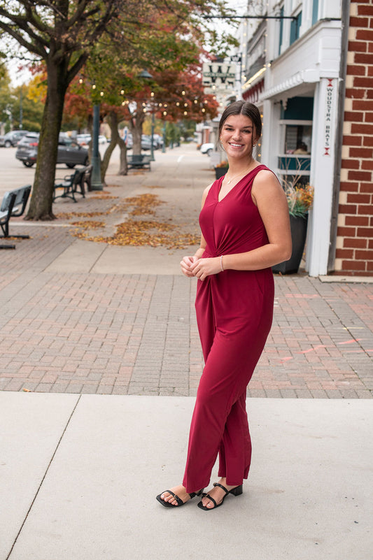 Maroon V Neck Twist Jumpsuit