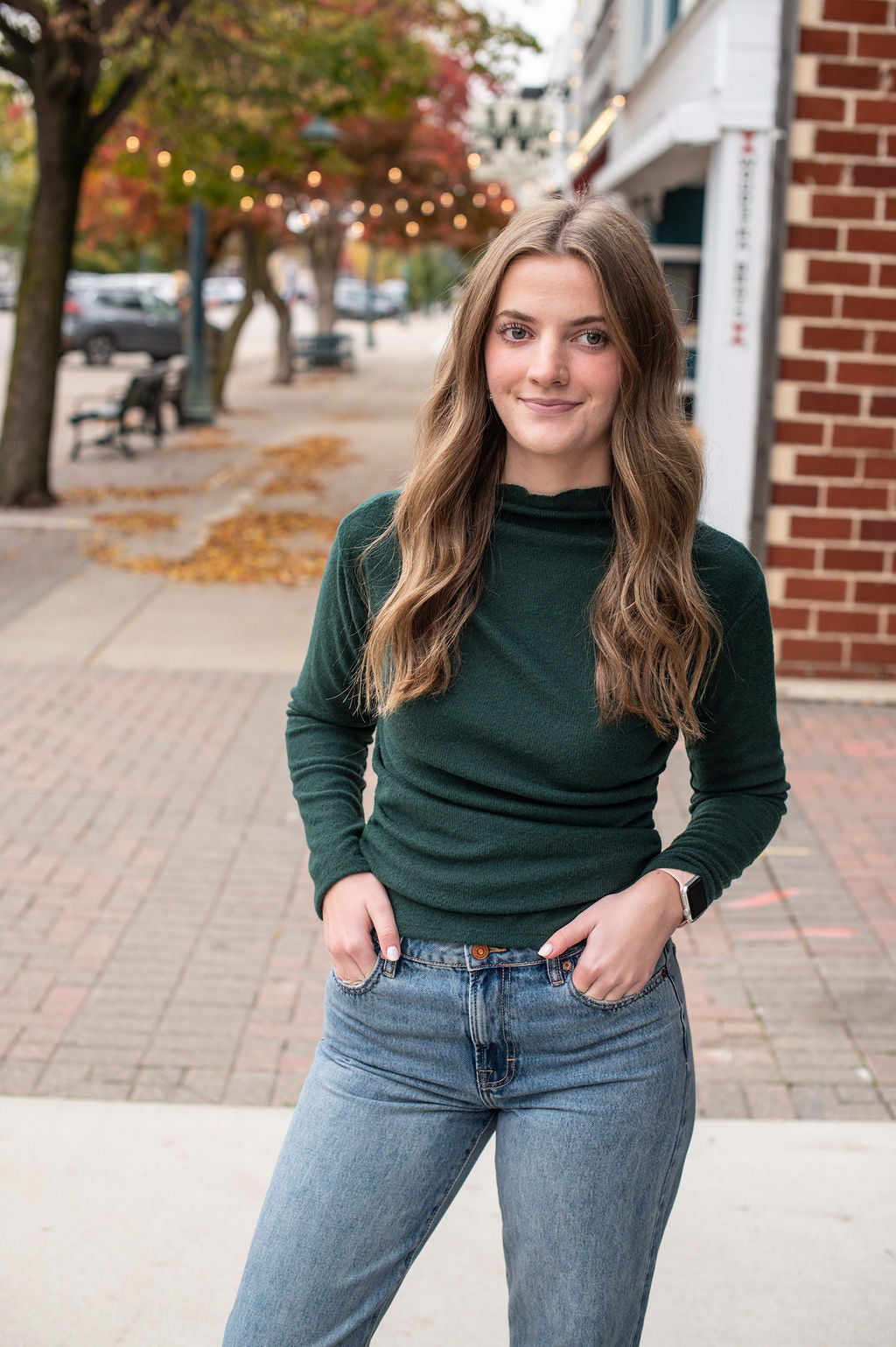 Hunter Green Scalloped Mock Neck Top