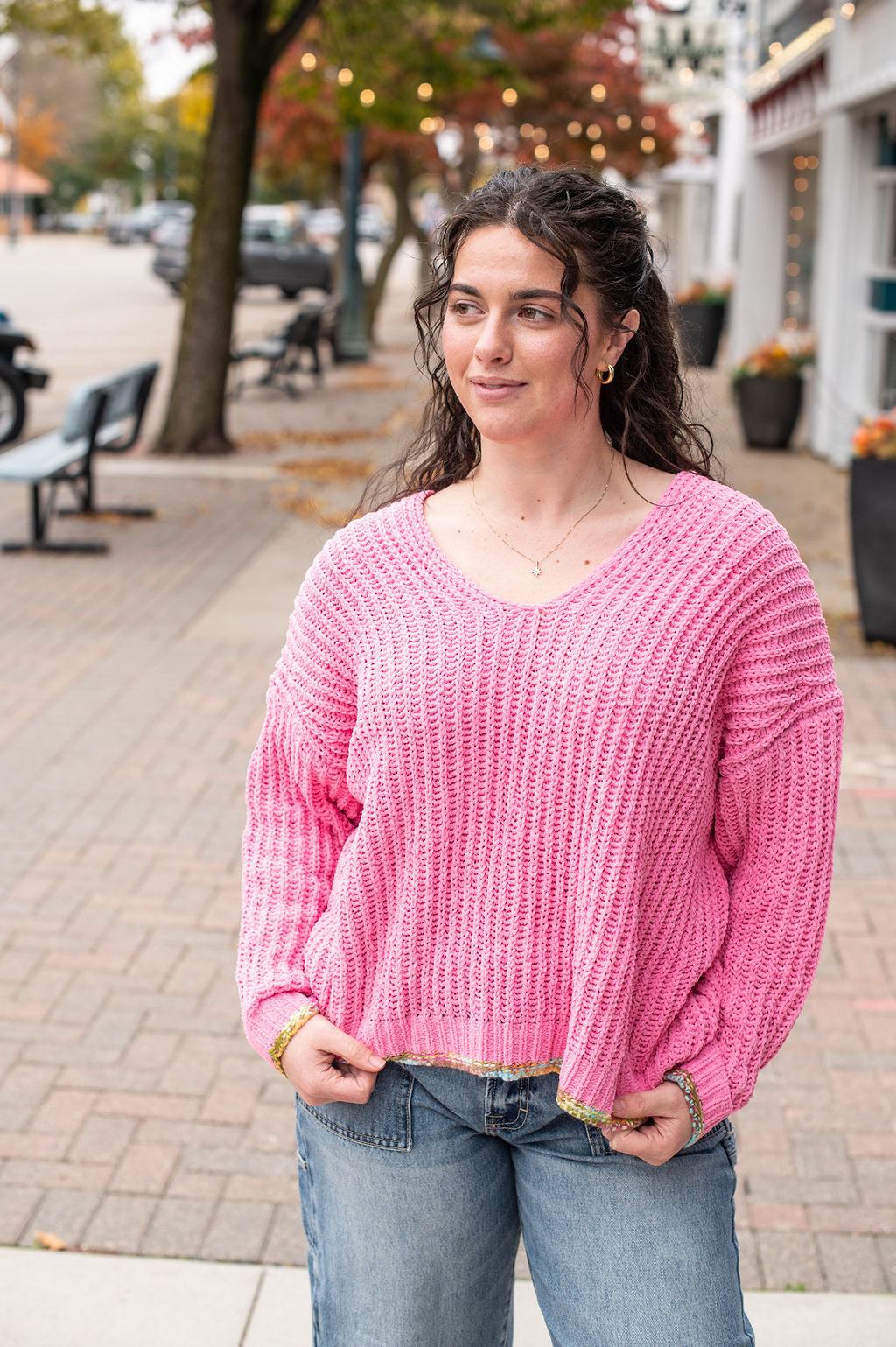 Hot Pink Stripe V Neck Sweater