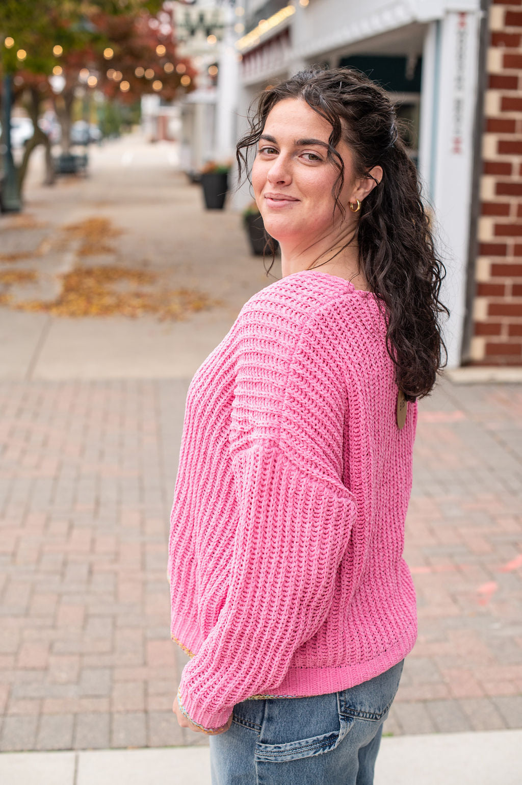 Hot Pink Stripe V Neck Sweater