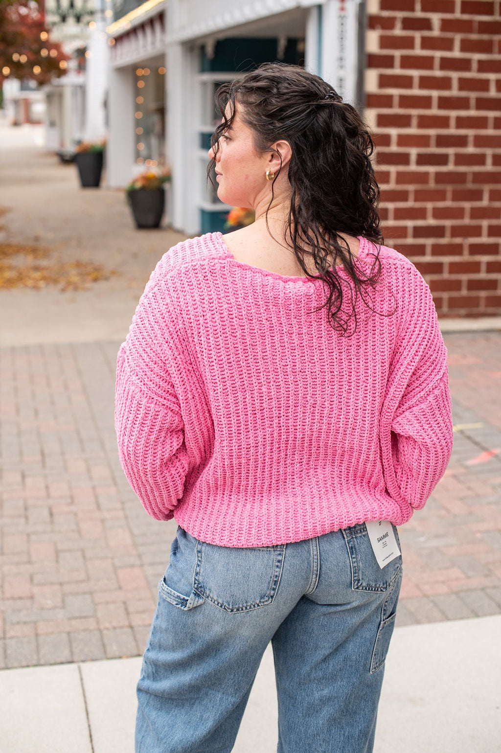 Hot Pink Stripe V Neck Sweater