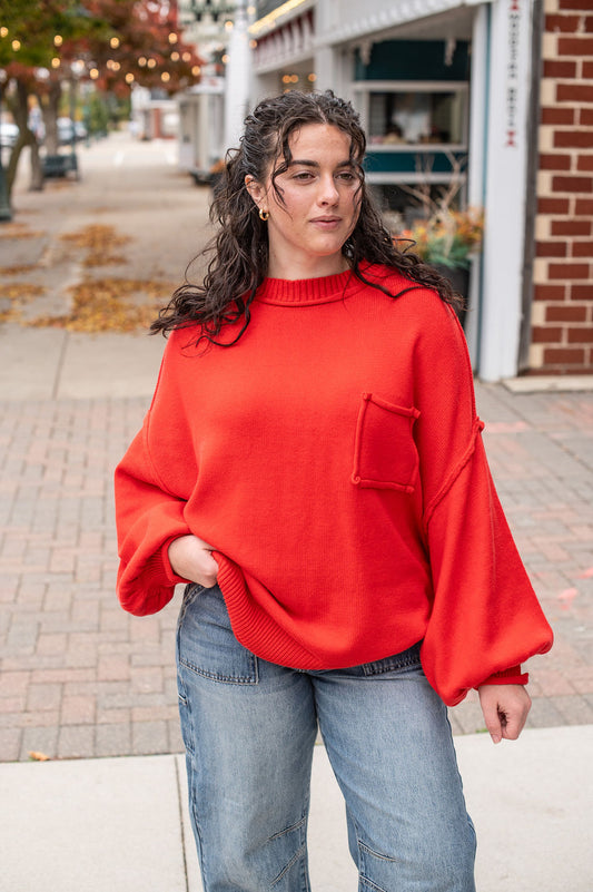 Red Oversized Pocket Sweater