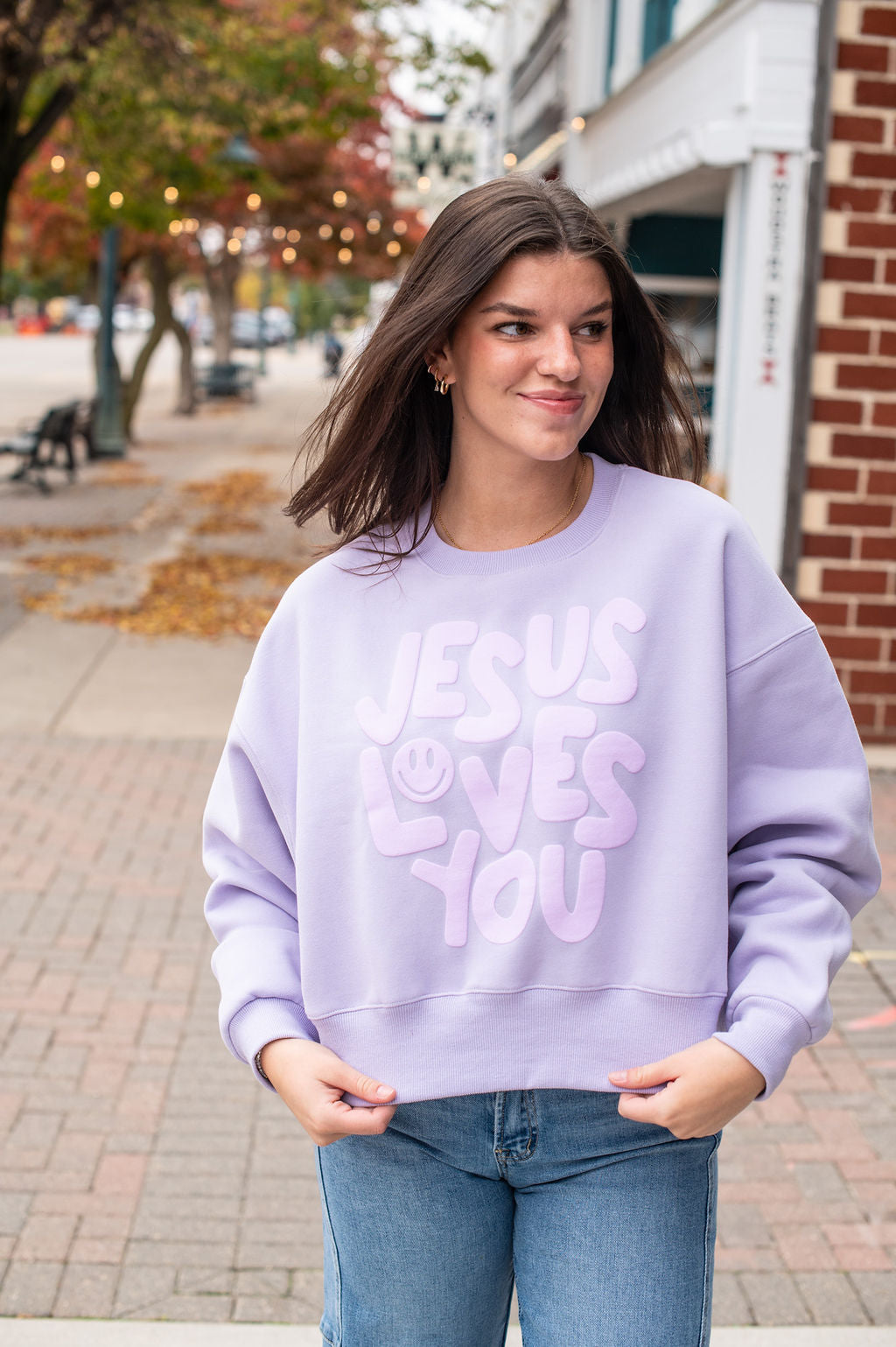 Lilac Smile Jesus Loves You Crewneck
