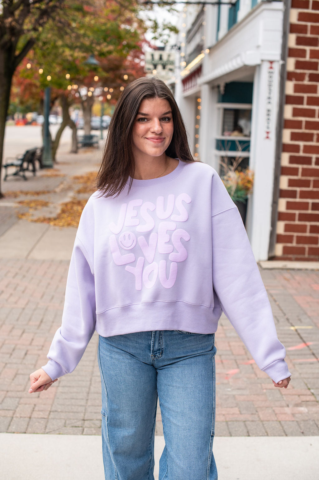Lilac Smile Jesus Loves You Crewneck