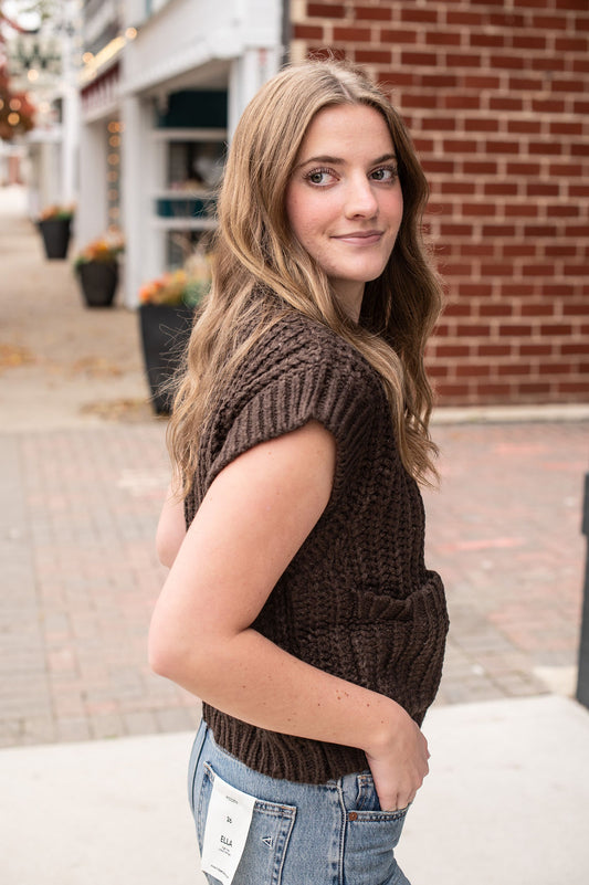 Brown Chunky Knit Gold Button SS Sweater