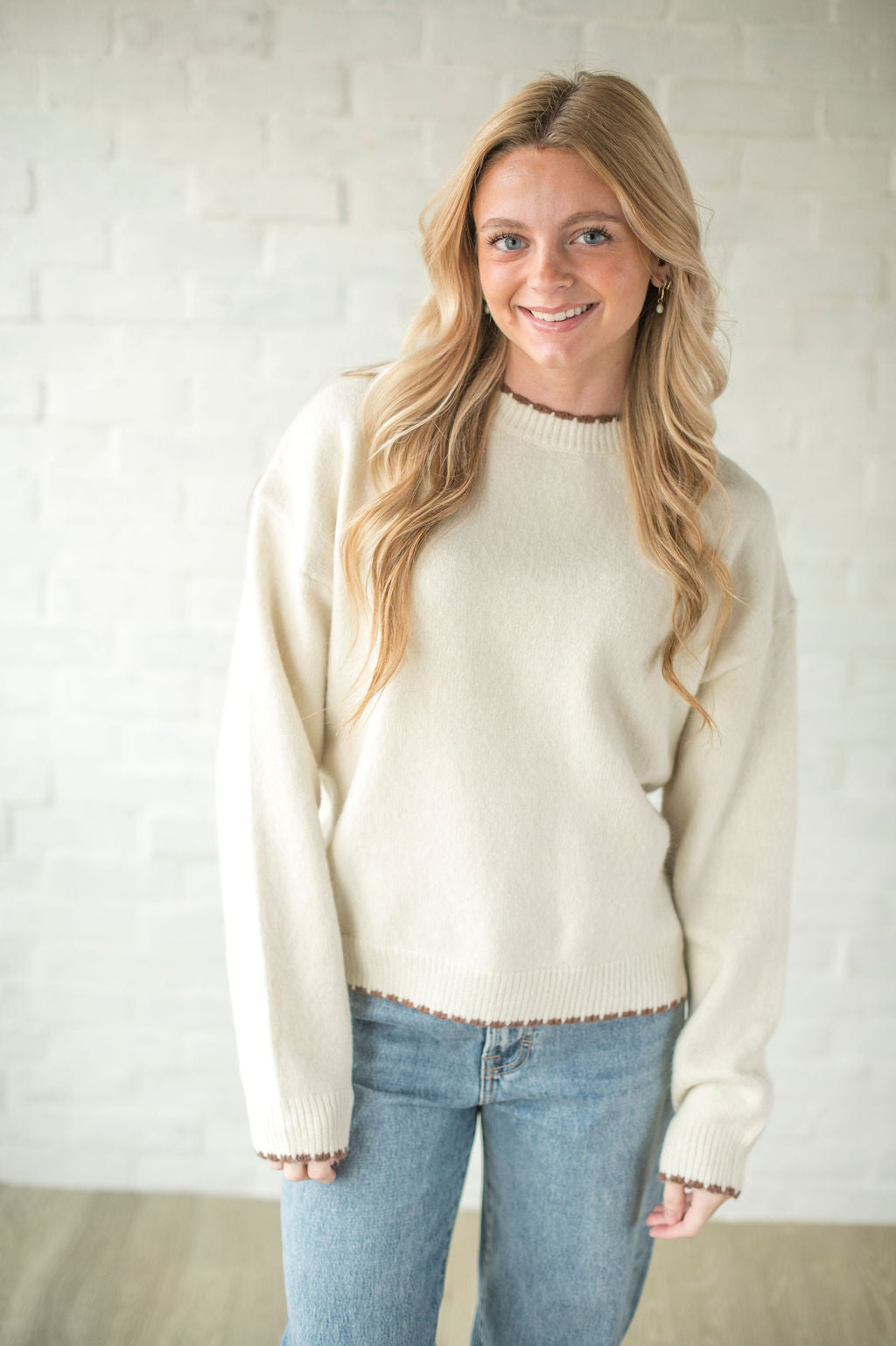 Ivory + Brown Trim Sweater