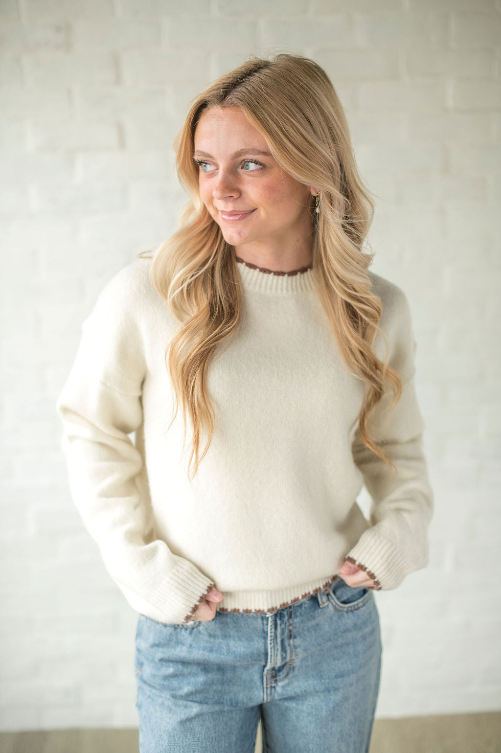 Ivory + Brown Trim Sweater