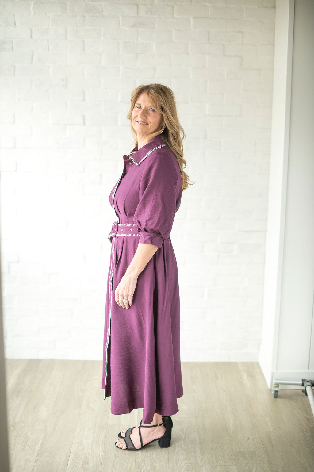 Plum Belted Elbow Sleeve Midi Dress