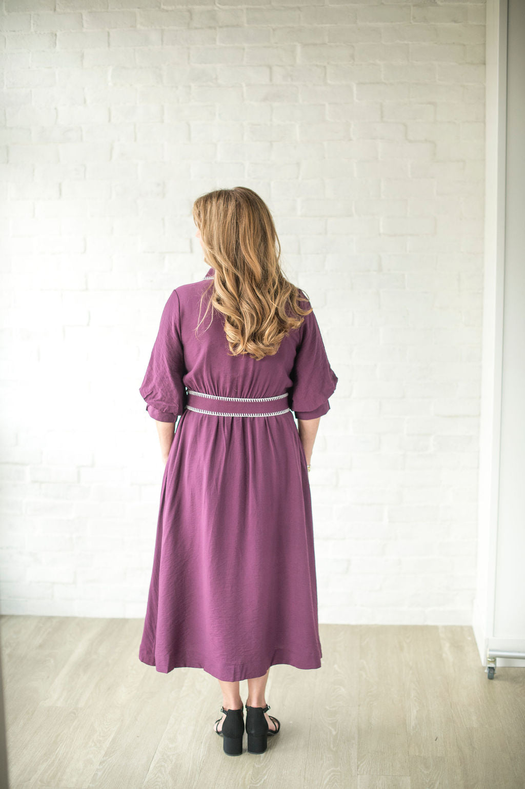 Plum Belted Elbow Sleeve Midi Dress