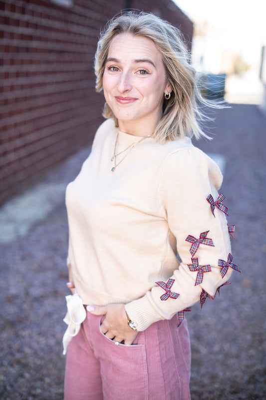 Oatmeal Plaid Bow Sleeve Sweater