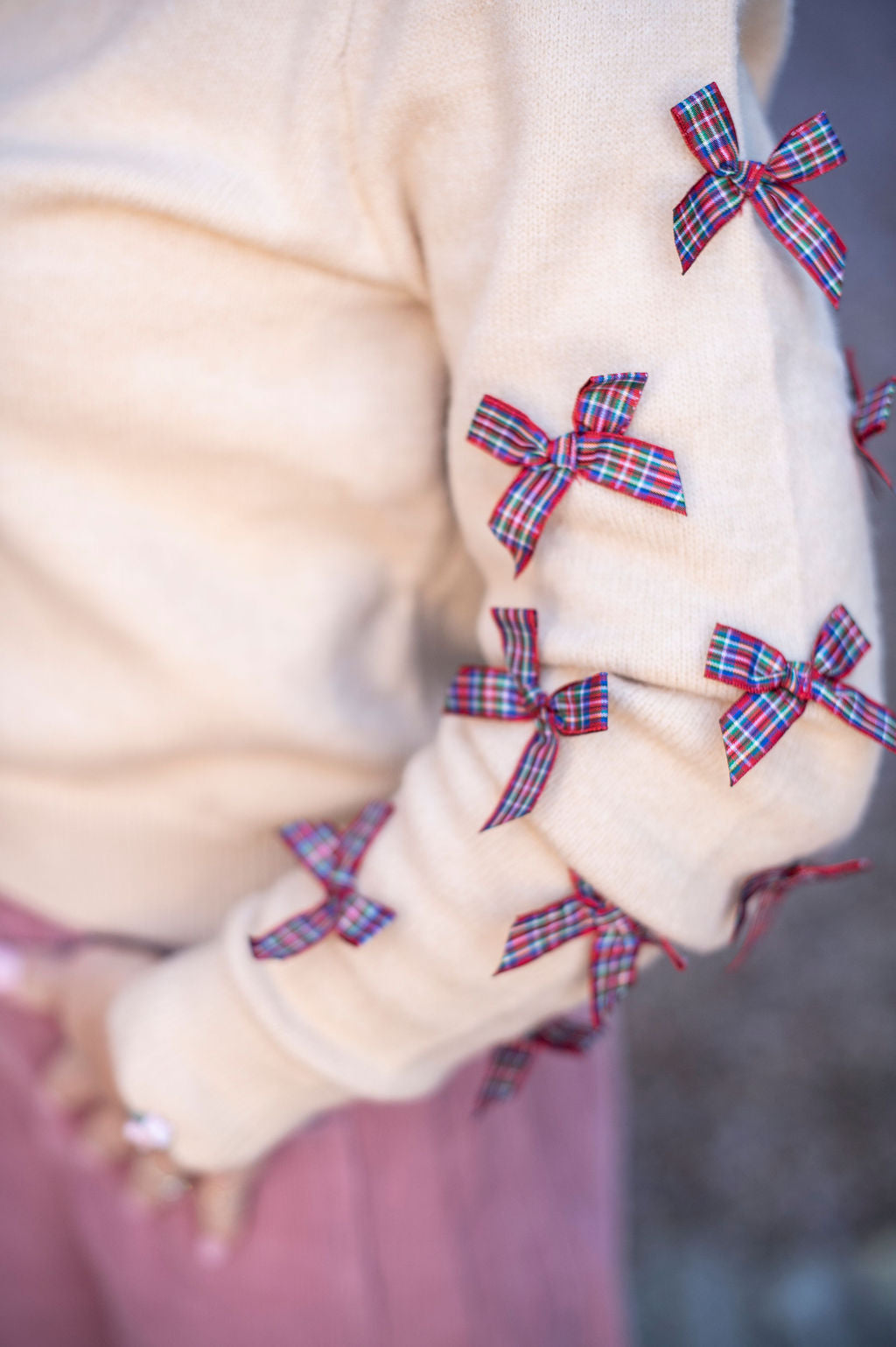 Oatmeal Plaid Bow Sleeve Sweater