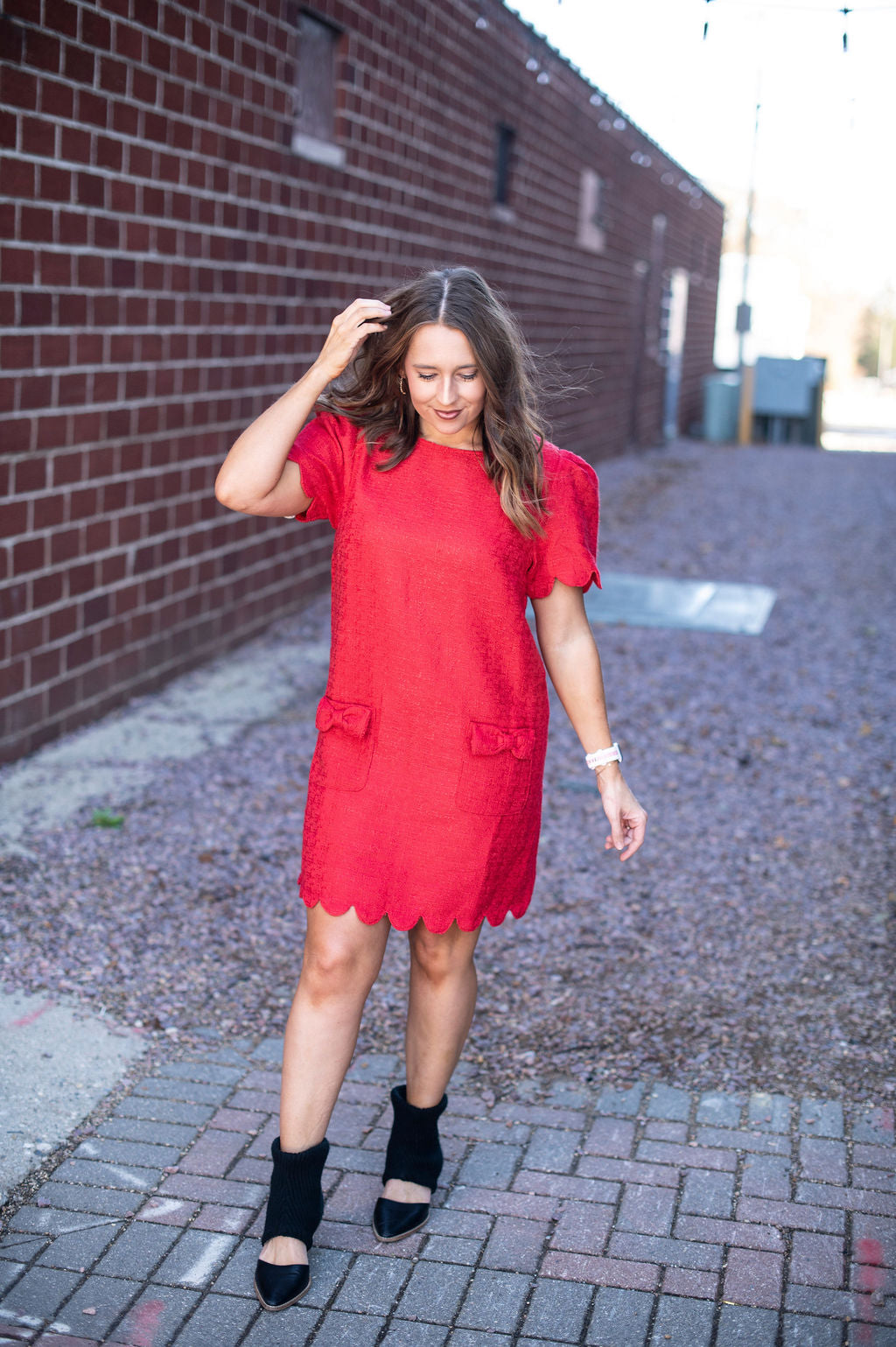 Red Puff Sleeve Scalloped Dress