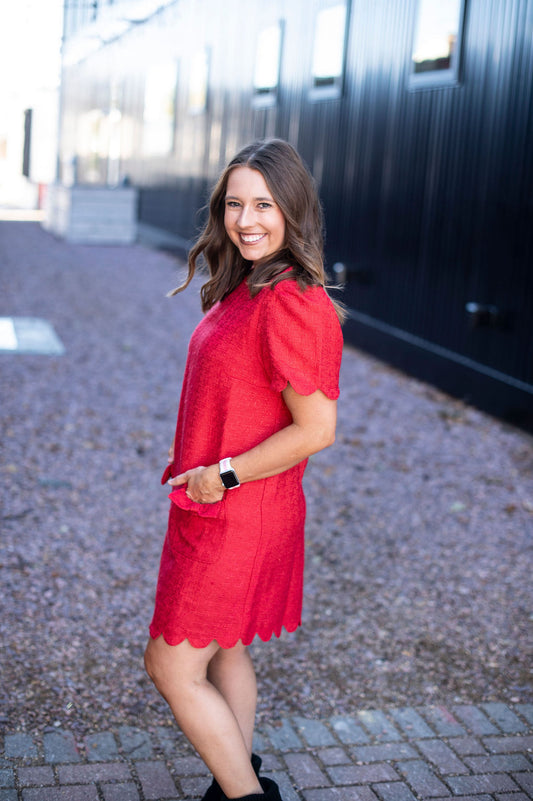 Red Puff Sleeve Scalloped Dress